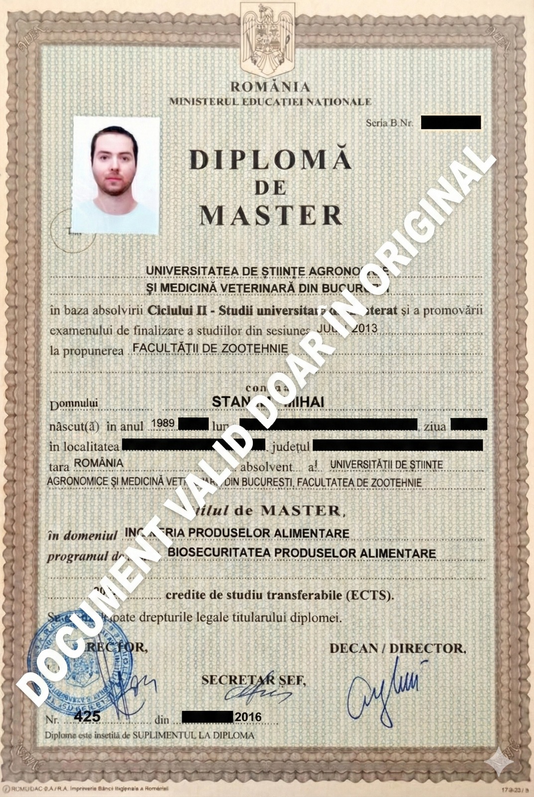 Diplomă Master Biosecuritate USAMV București - Mihai Stan
