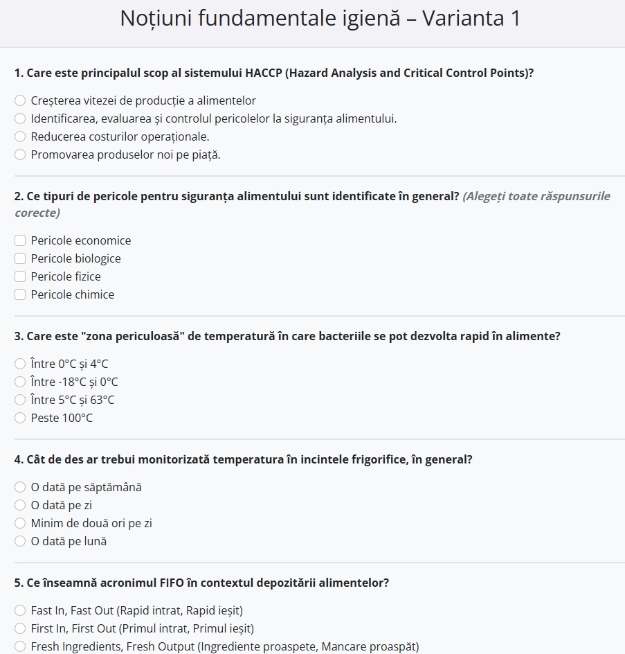 Exemplu Test de igienă alimentară