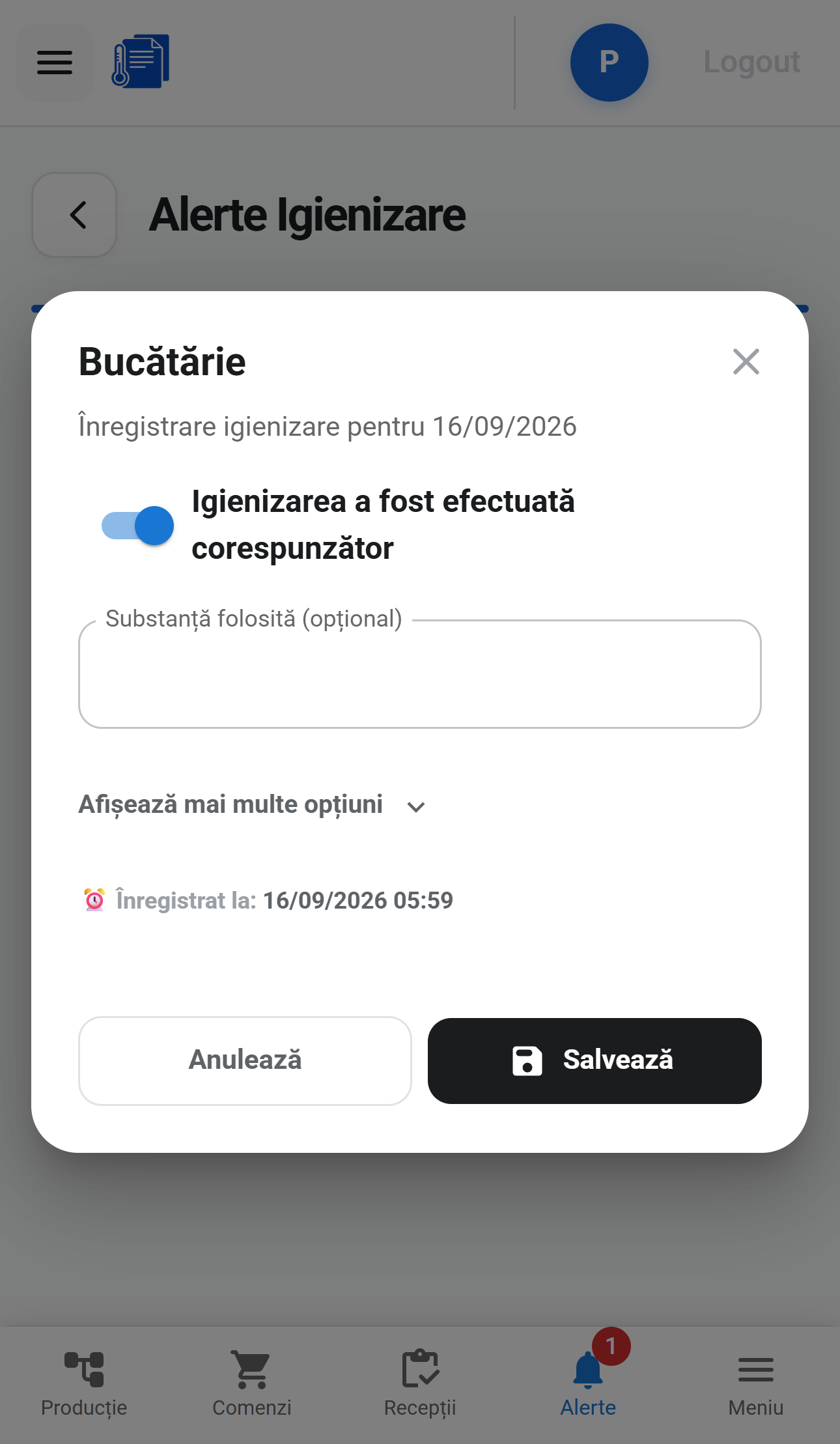 Formular de înregistrare a igienizării pentru zona bucătărie, completat pe telefon în SigAl, cu câmpul opțional pentru substanța folosită