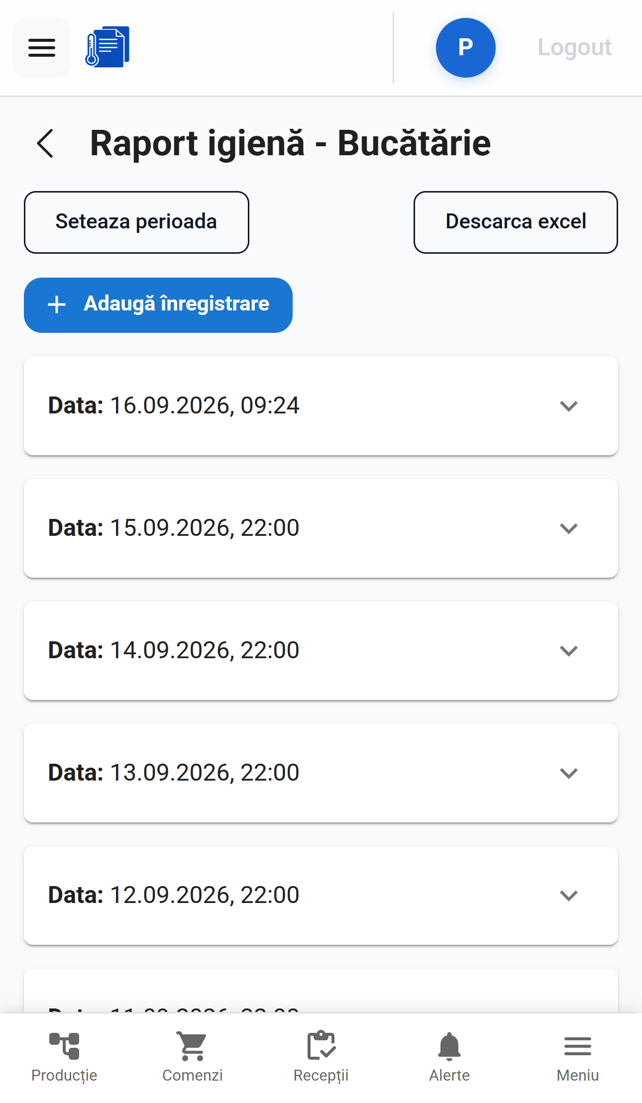 Raport de igienă pentru zona bucătărie în SigAl, cu istoricul înregistrărilor și butonul „Descarcă excel”