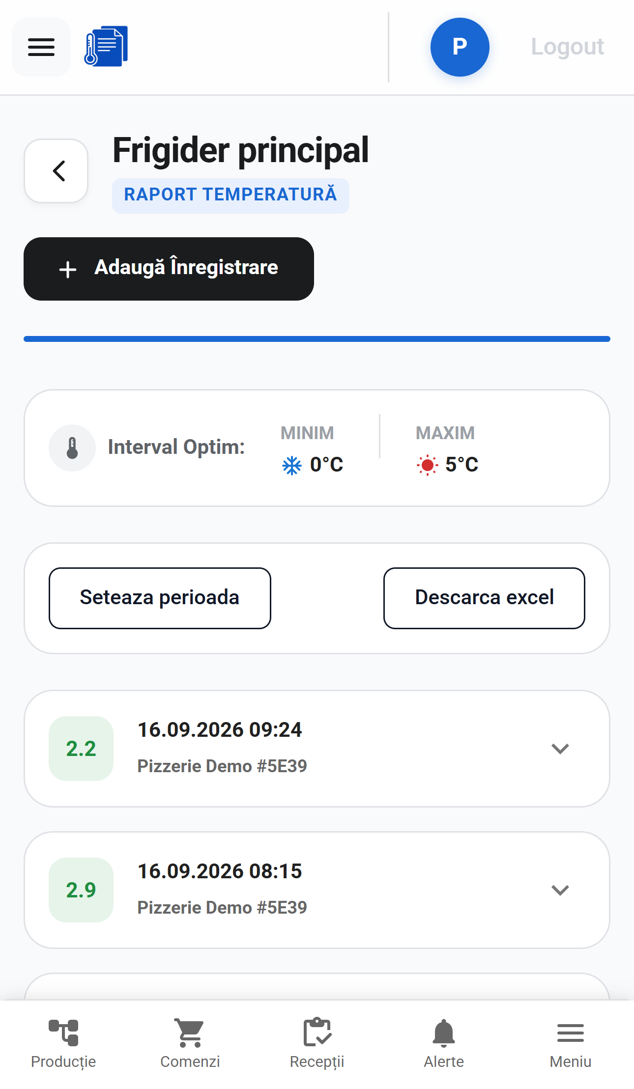 Raport de temperatură pentru frigiderul principal în SigAl, cu intervalul optim configurat (minim 0°C, maxim 5°C) și istoricul înregistrărilor