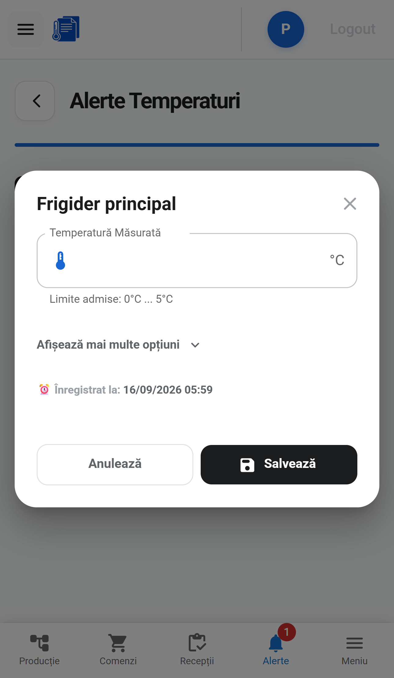 Formular de înregistrare a temperaturii pentru frigiderul principal, completat pe telefon în SigAl