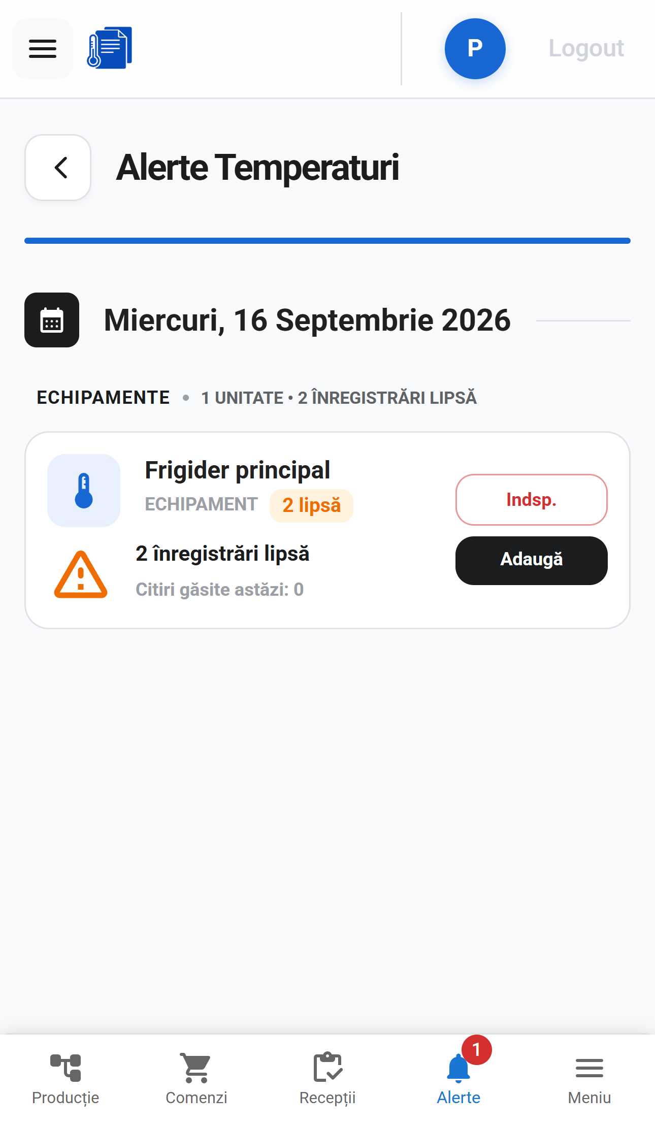 Alerte de temperatură pe telefon, cu 2 înregistrări lipsă pentru frigiderul principal