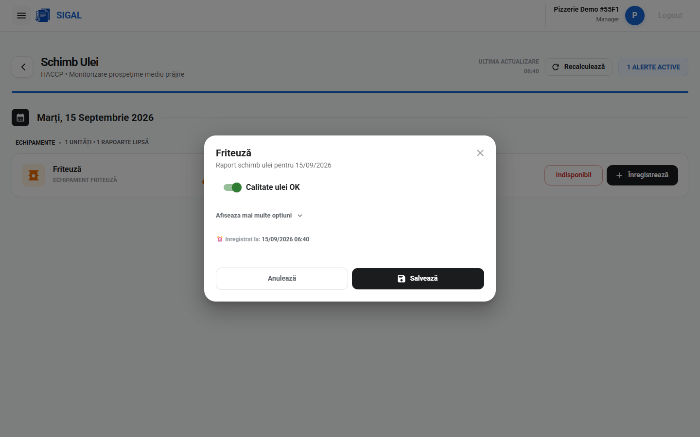 Formular de înregistrare a verificării uleiului pentru o friteuză în SigAl, cu opțiunea „Calitate ulei OK”