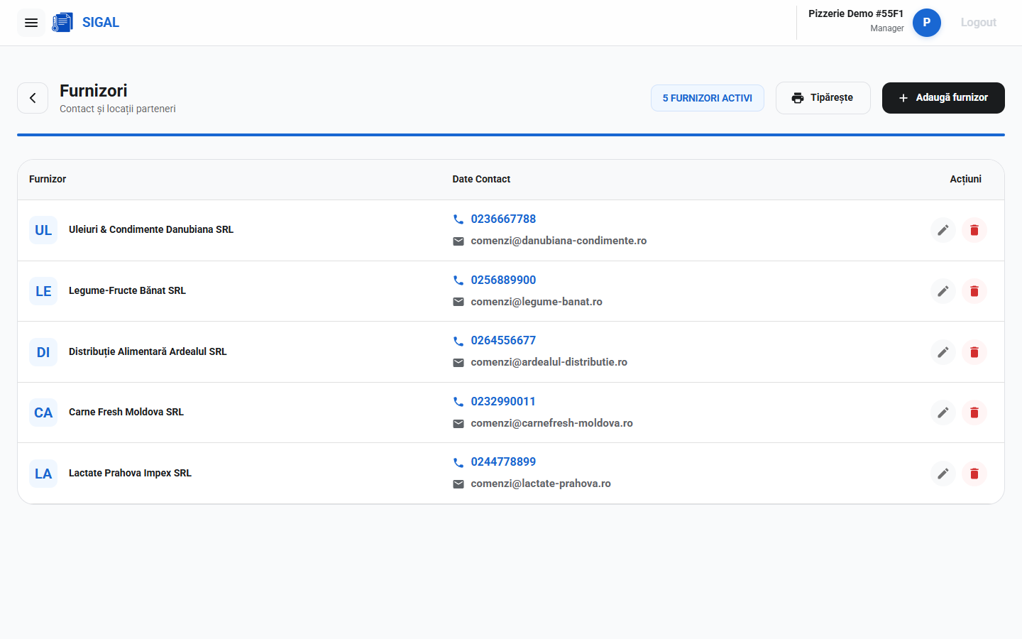 Lista furnizorilor în SigAl, cu datele de contact, inclusiv adresa de email folosită pentru trimiterea comenzilor