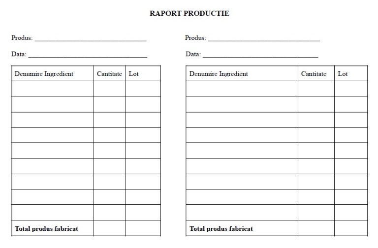 Model raport de productie pentru trasabilitate HACCP
