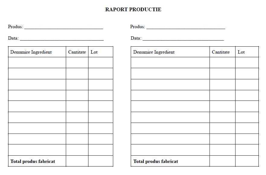 Model raport de productie conform normelor HACCP