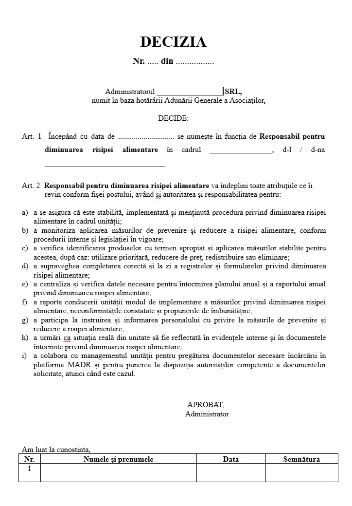 Model decizie numire resposanbil diminuare risipa alimentara