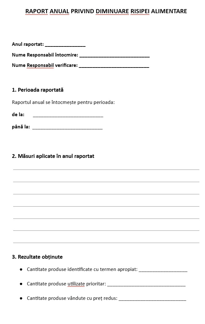 Model planificare raport diminuare risipa alimentara conform MADR