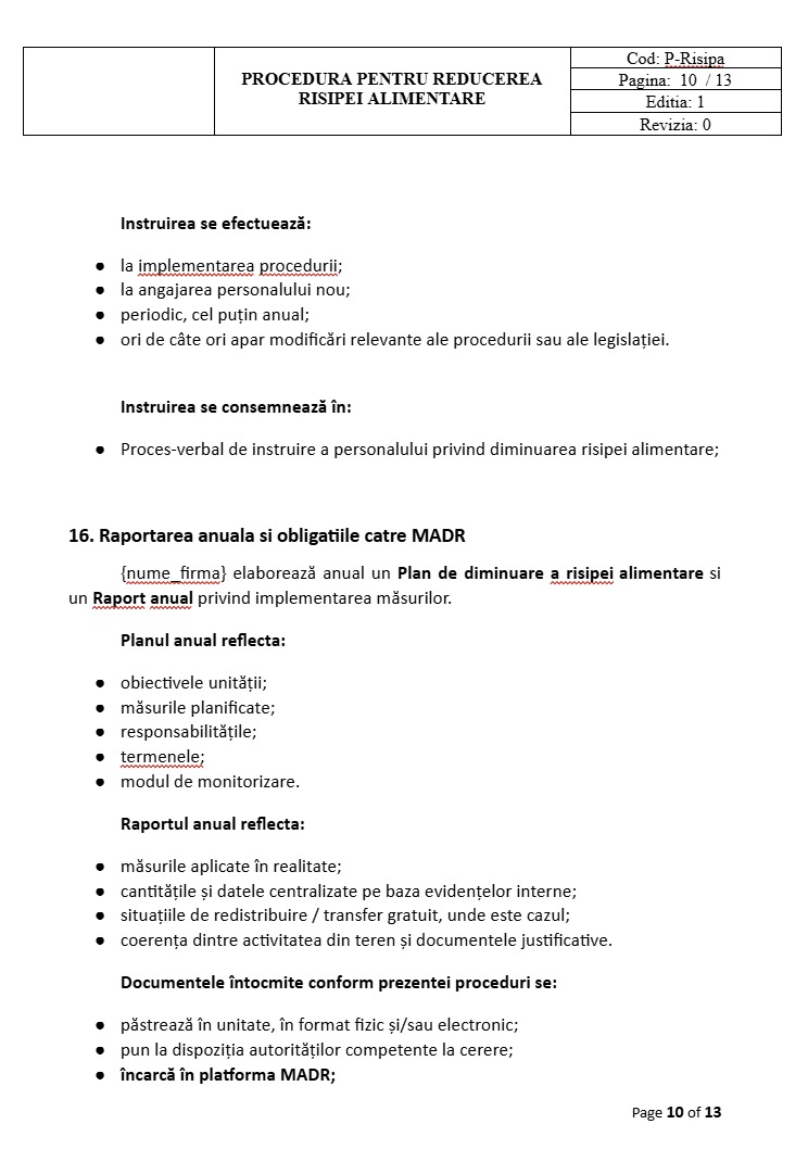 Procedura reducere risipa alimentara conform legii 217 din 2016 pentru toate unitatile HoReCa, restaraunte, cafenele, fast food